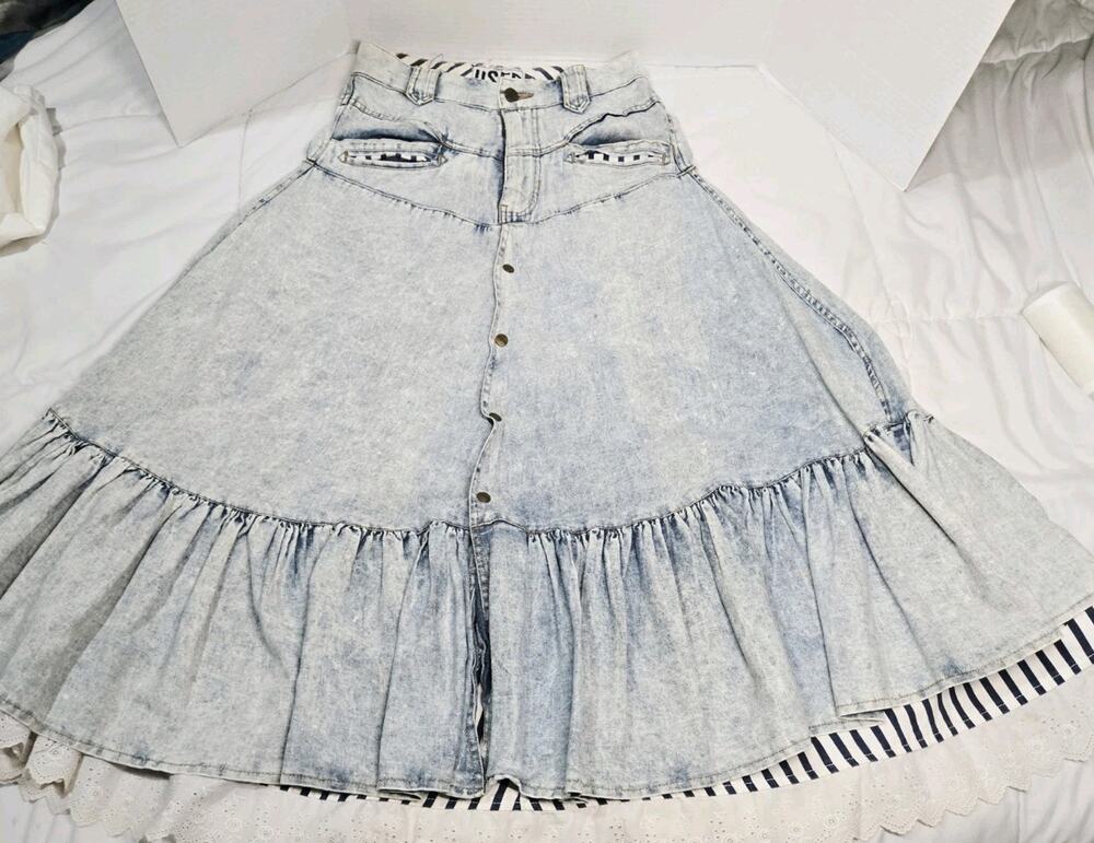 Vintage Action West Midi Denim Western Skirt Stone Wash Blue Size 28 Boho Indie